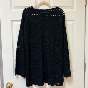 Black Crochet Long-Sleeve Swim Coverup